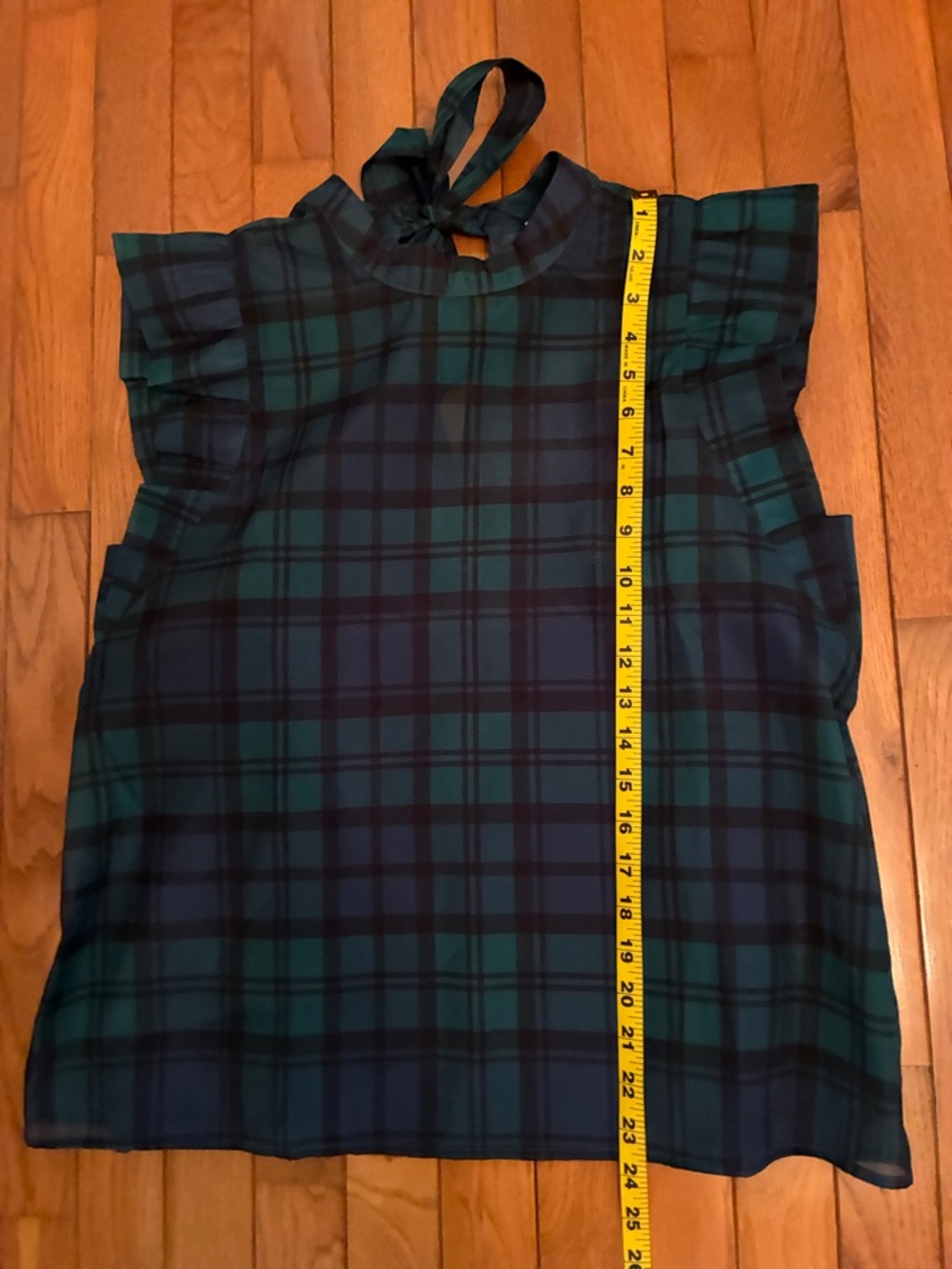 LOFT Sheer Plaid Ruffle Sleeve Top in Navy and Green - Picture 13 of 14